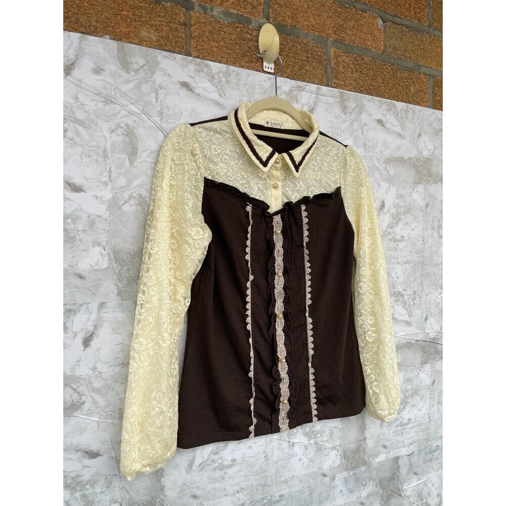Coquette Core Axes Femme Brown & Cream Lace Blouse, Dainty Pearl buttons medium - Picture 3 of 12